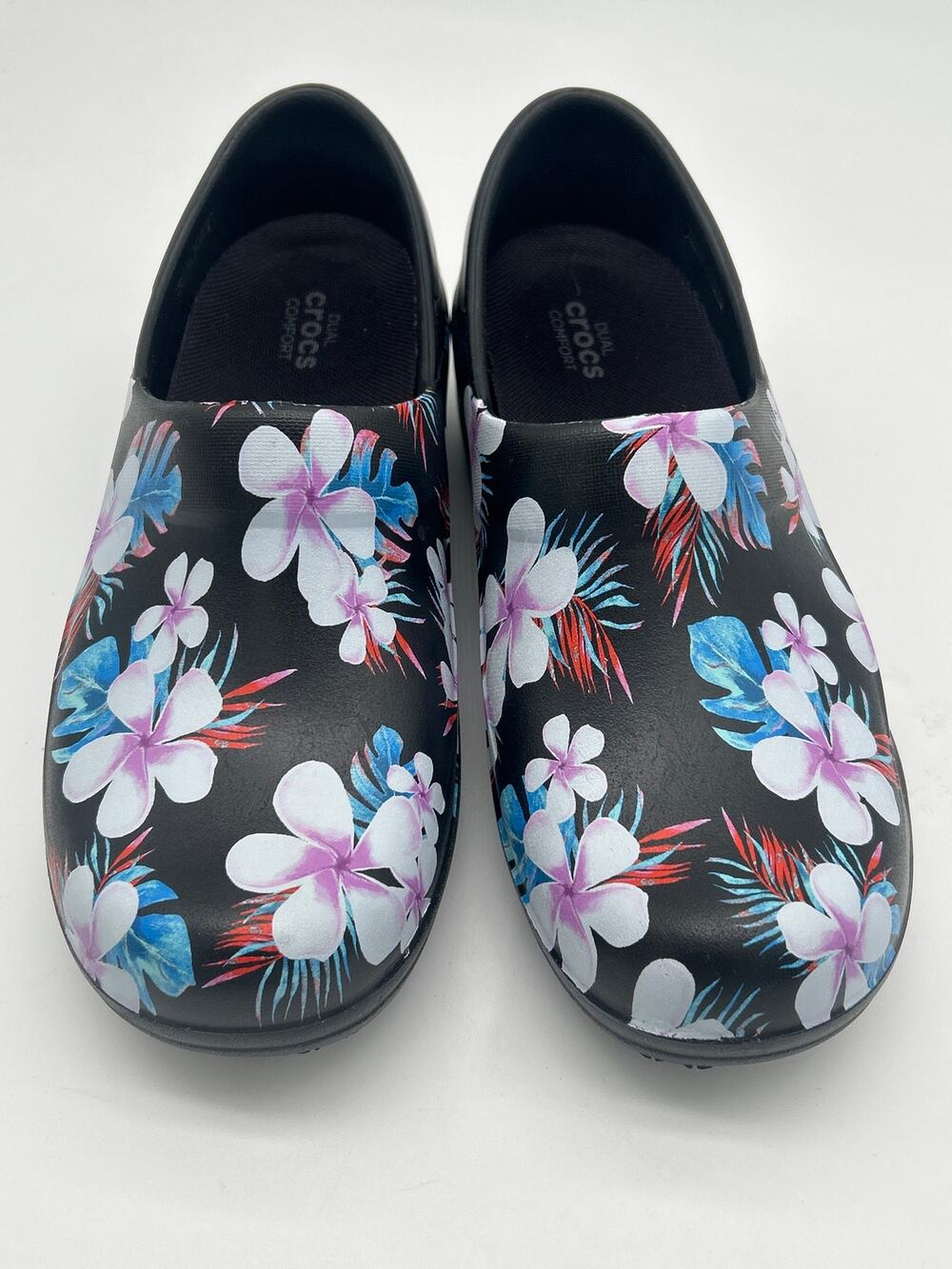 Crocs at Work W7 Tropical Floral Non-Slip Clogs Shoes Black Service Non-marking